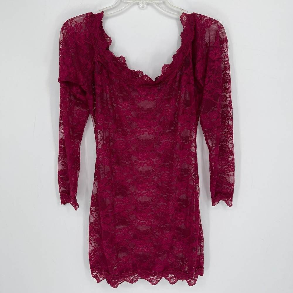 LingerLove Women's Burgundy Floral Lace Long Sleeve Chemise Mini Dress Sz 1X/2X